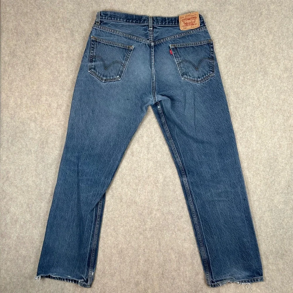 Levi's 505 Jeans Mens 36x32 Blue‎ Distressed Regular Fit Straight Leg Denim
